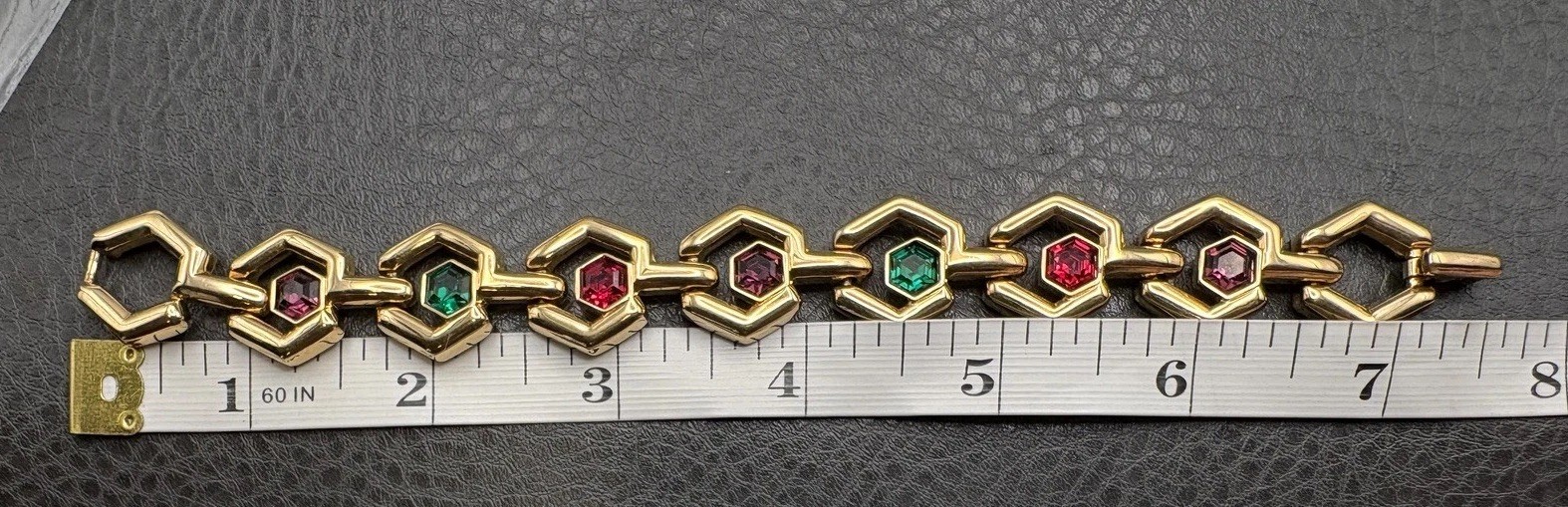 VTG 80s SWAROVSKI SWAN Gold Tone Hexagon Link Bracelet Green Purple Red Crystal