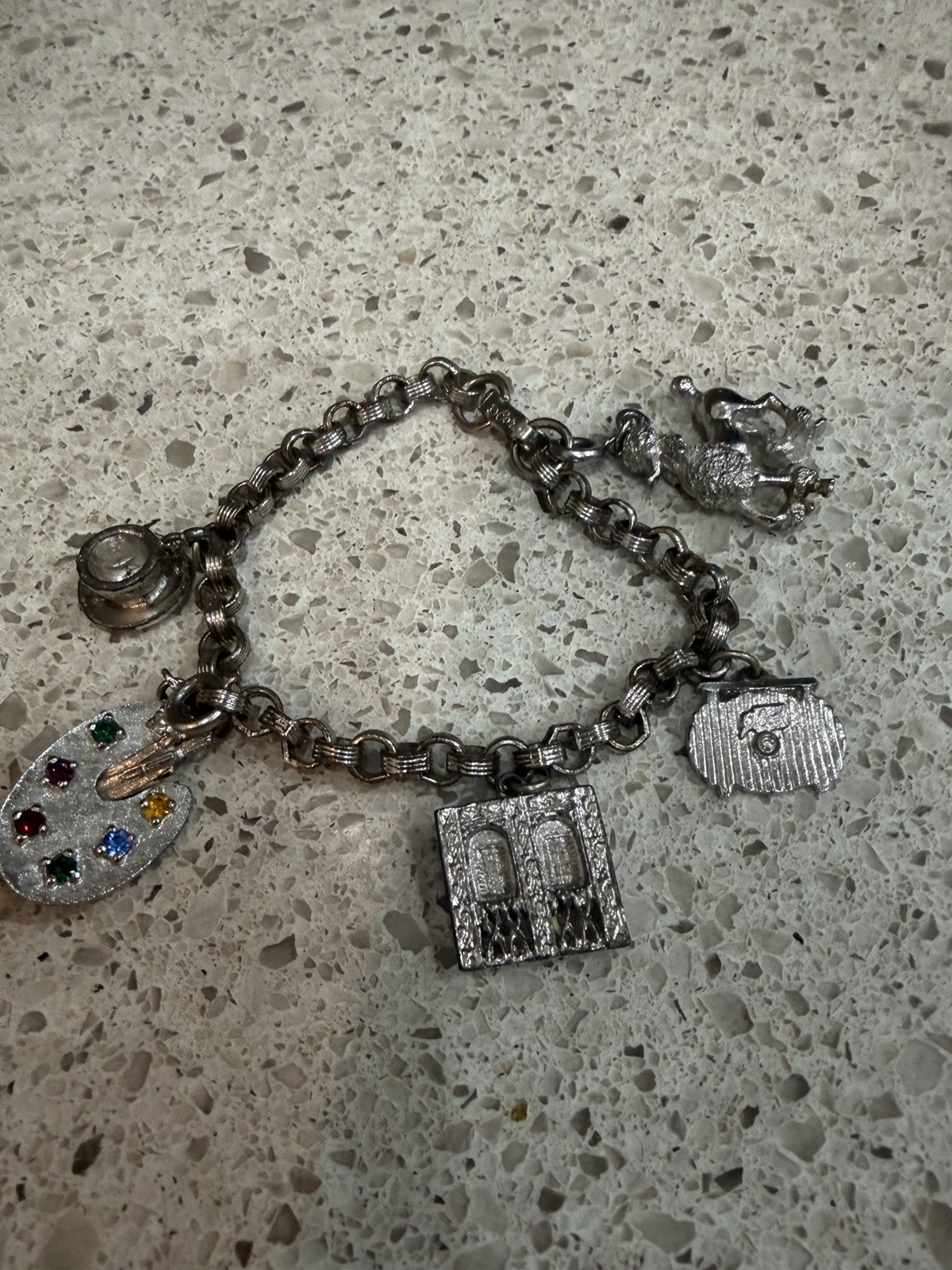 Vintage Coro Charm Bracelet Silver Tone 1950s 7.5 in With 5 Charms