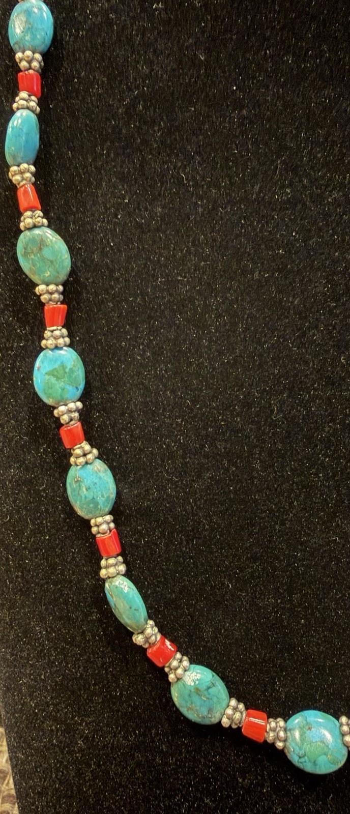 Vintage Turquoise And Natural Blood Red Coral & Pewter Silver 925 Clasp 16”