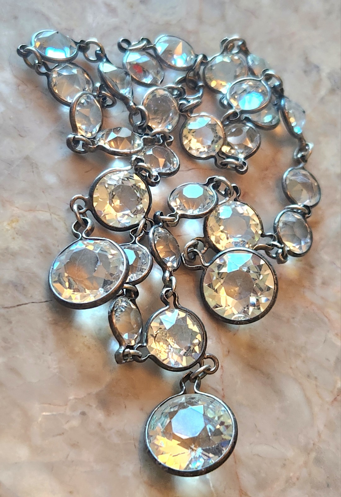 Antique Edwardian Art Deco Sterling Riviere Rock Crystal Rhinestones Necklace