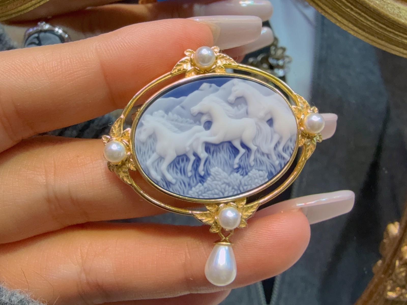 vintage Cameo Brooch pendant blue agate silver antique jewelry anniversary gift