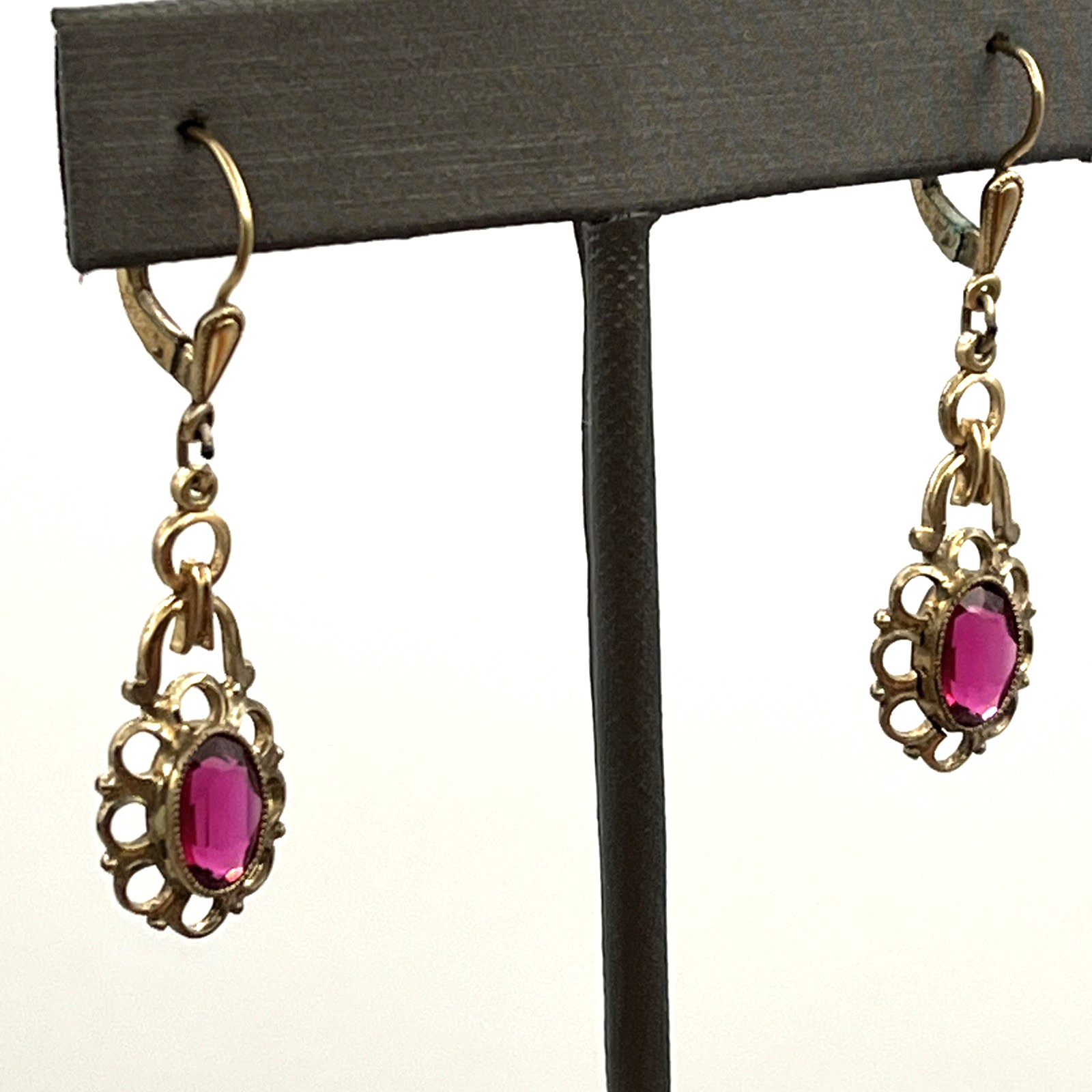 Vintage Art Deco Rolled Gold Red Ruby Simulated Pierced Earrings