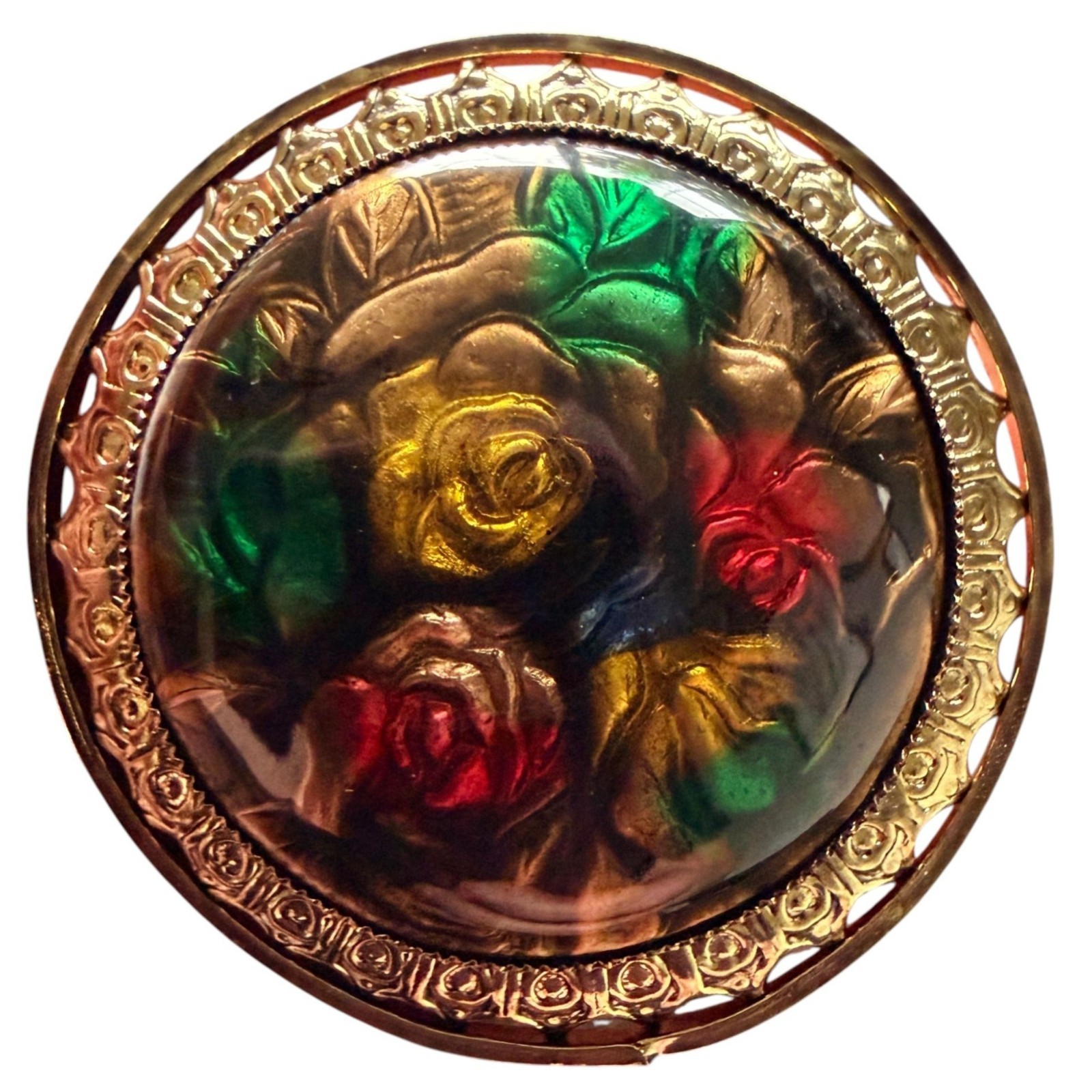 Vintage Reverse Carved Lucite Brooch Gold Tone Floral Pin 1950s New Old Stock