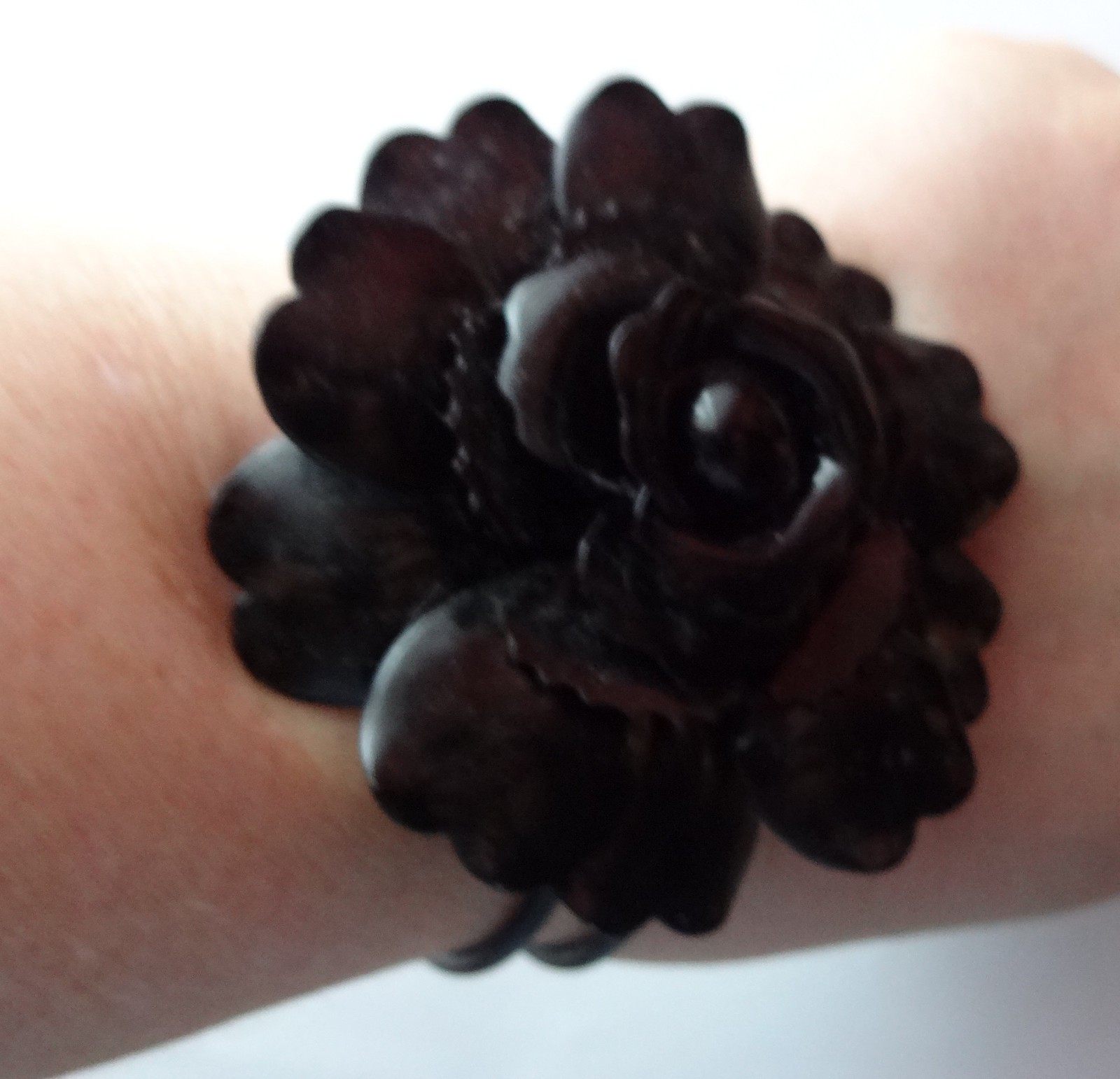 Vtg Chunky Black Enamel Metal Rose Flower Clamper Bracelet Rare Mourning