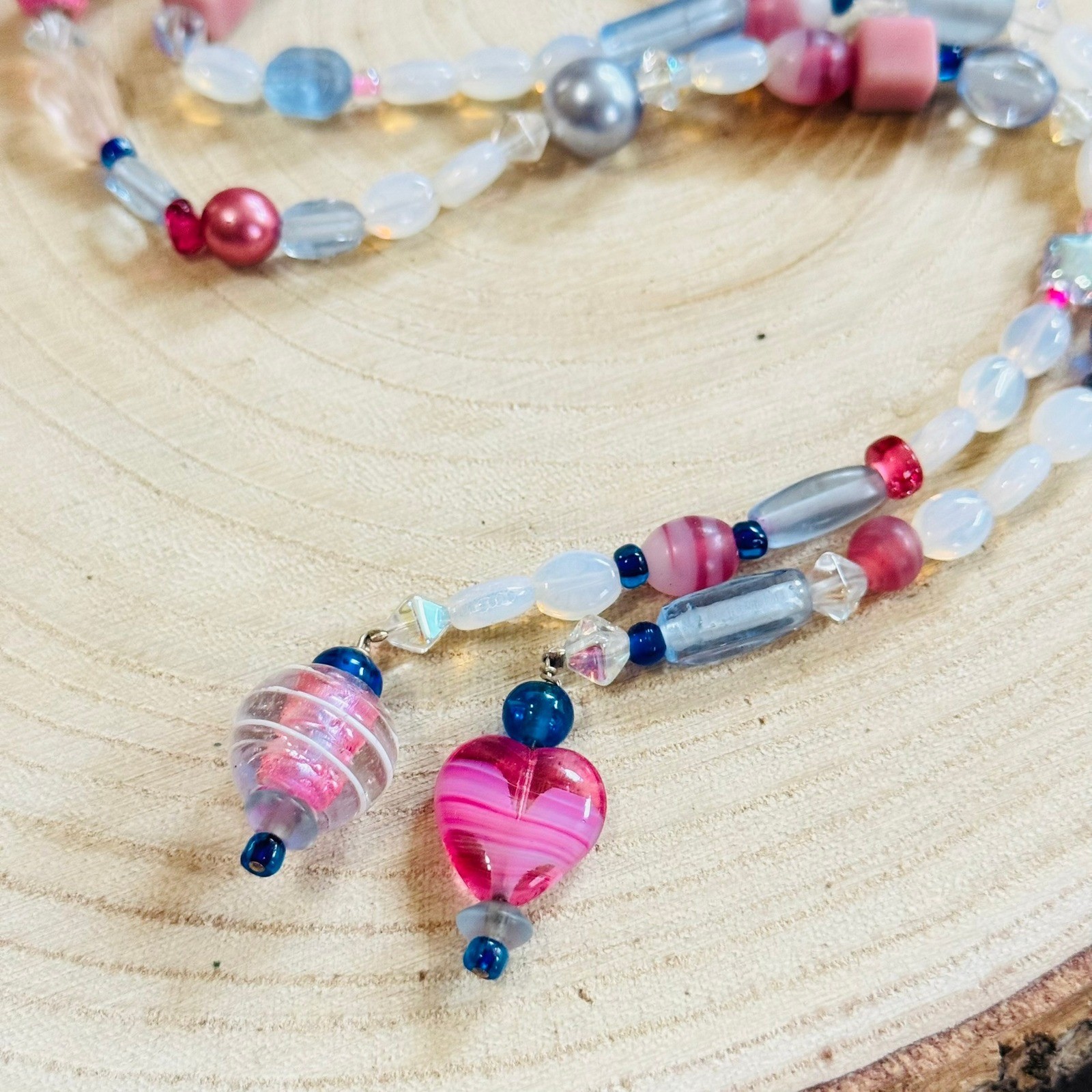 VTG pink Opalescent wrap Necklace Opalite Art Glass Beads moonglow long 38″ rare