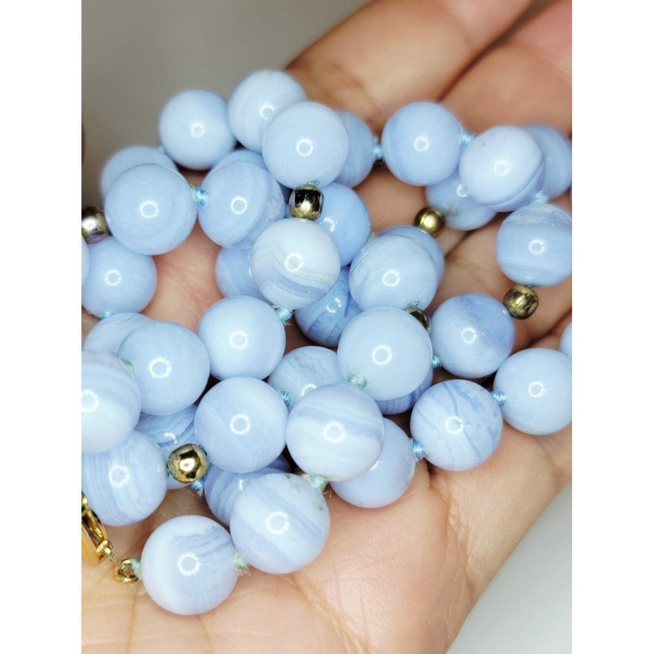 Vintage pale blue banded bead necklace, possibly chalcedony or blue lace agate