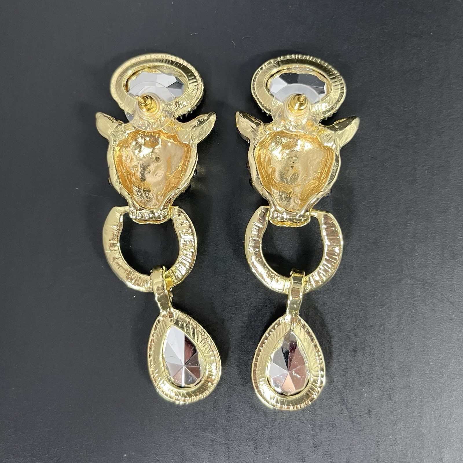 Gold Tone Lion Door Knocker Earrings Pierced Jaguar Cat Red Green Statement Drop