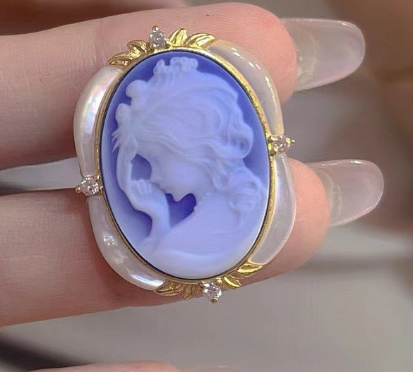 vintage Cameo Brooch pendant blue agate silver antique jewelry anniversary gift
