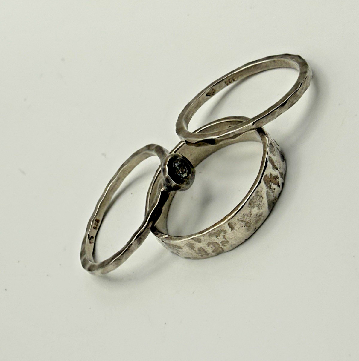 Silpada 925 Sterling Silver Stackable Ring Set Hammered CZ Size 8 Vintage