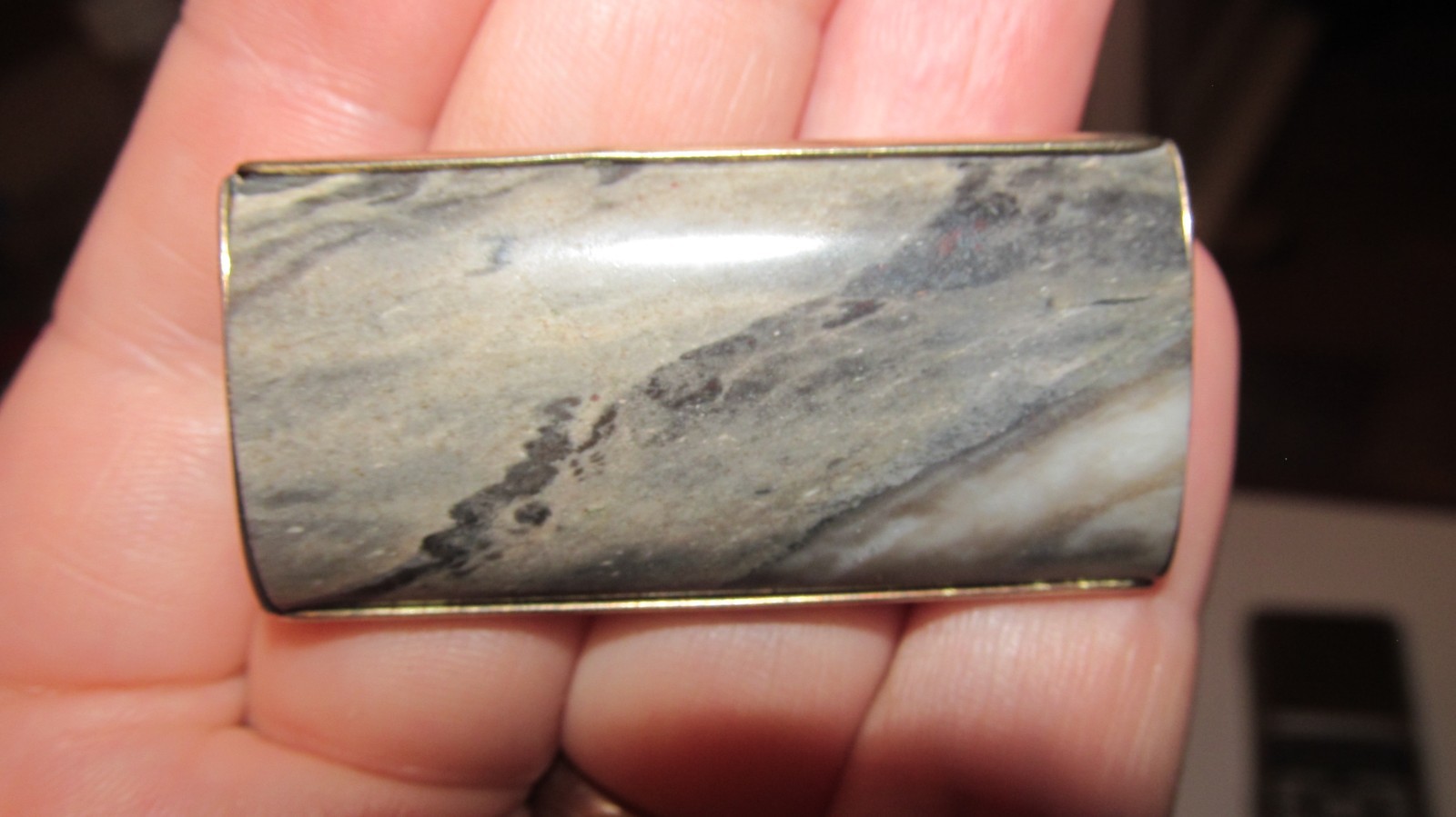 RUSSIAN GILT SILVER BROOCH – Large Lepidolite – Semiprecious STONE – 14 gr