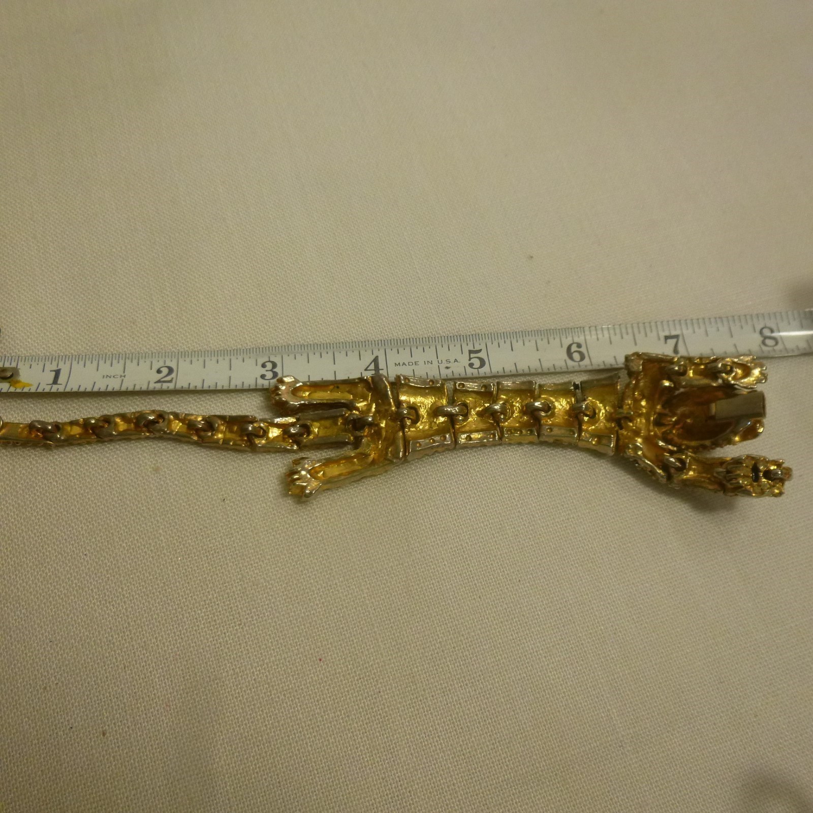 Vtg Articulated Green Eyed Tiger Bracelet Gold Tone Pave Rhinestones Blk Enamel