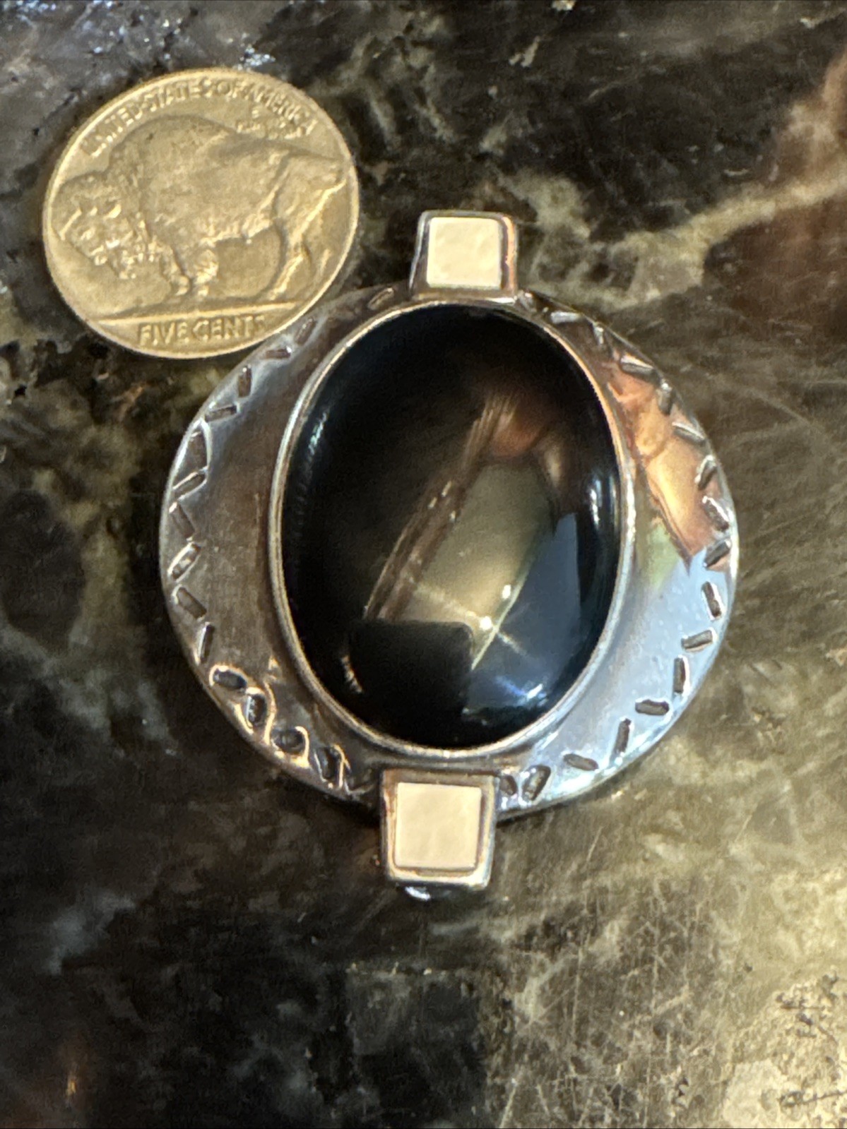 Vntg 925 Sterling Silver Black Onyx Mother of Pearl Brooch Pin Pendant 1 5/8″