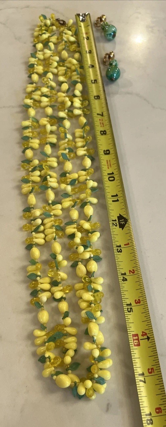 Vintage 2 Strand Tutti Fruity Lemon Necklace Czech Dangle Drop Clip Earrings Set