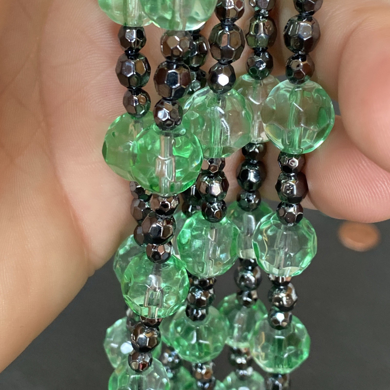 Vintage Green Glass Faceted 3 Strand Necklace w/ Matching Pair Drop Earrings Set