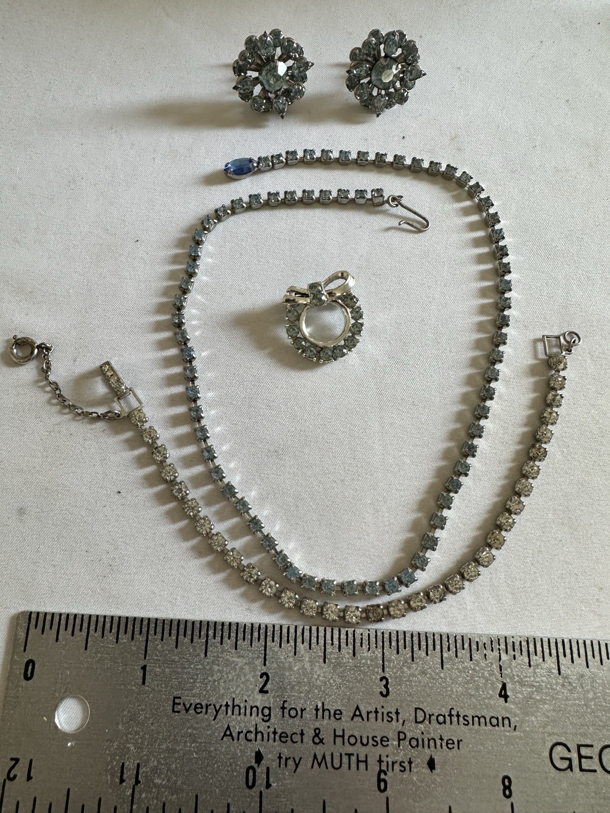 Vintage Rhinestones Jewelry Set Necklace Bracelet Pin Earrings Blue Clear