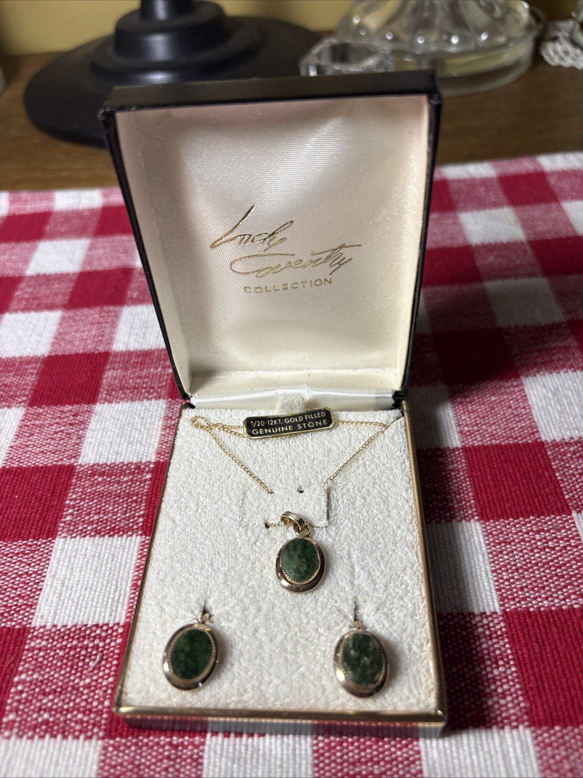 Lady Coventry 12 kt gold filled Jade pendant and screw earrings in original box