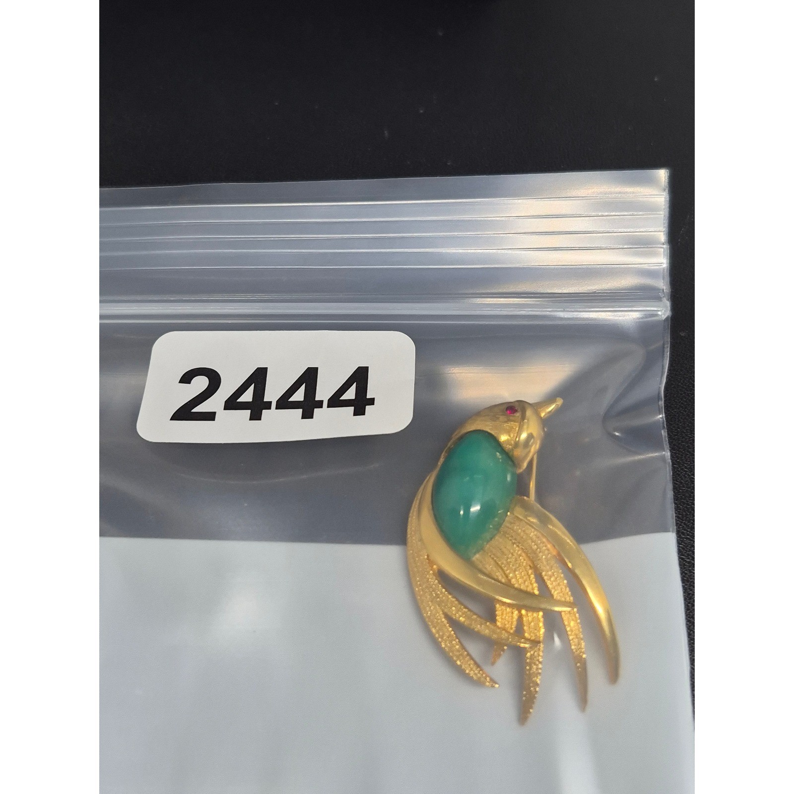 Vintage Bird Brooch Woman Gold Tone Green Cabochon Red Eye Textured Feather Pin