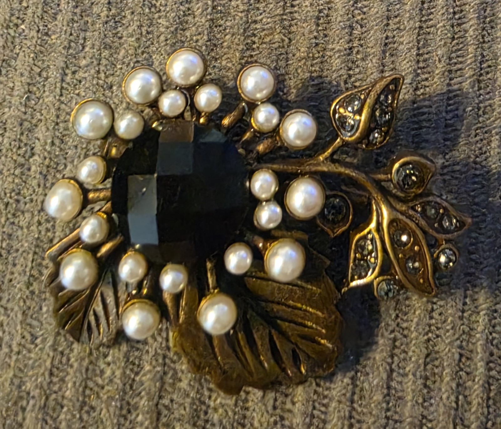 Vintage Bronze Color Black Faux Pearls & Gem Facette Onyx Color Brooch Pin