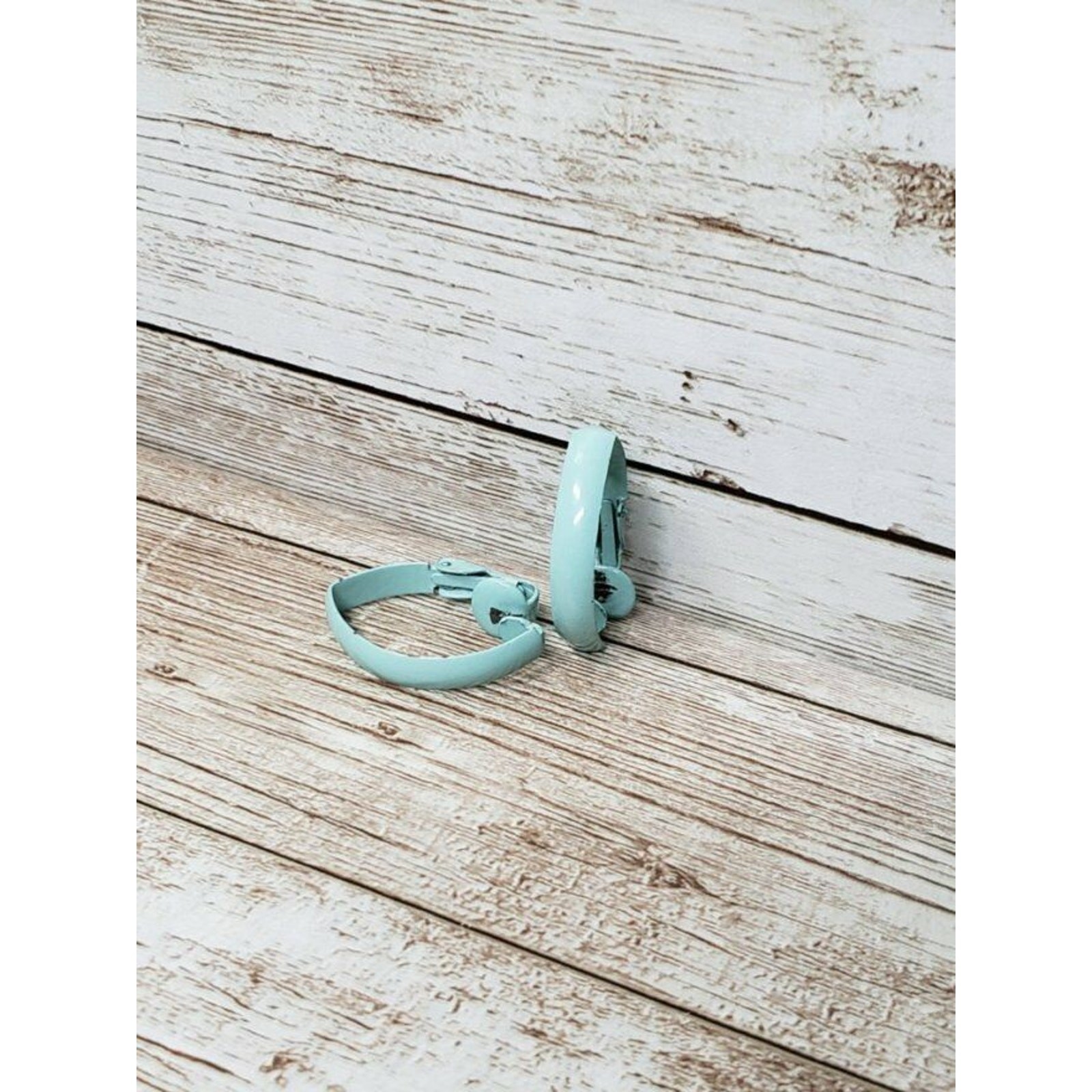 Vintage Clip On Earrings 1″ Aqua Blue Elongated Folded Hoop Retro