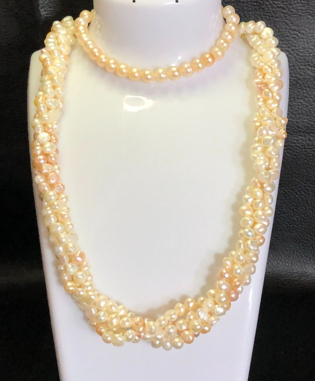Vintage Peach Cream Cultured Pearl Multi Strand Necklace +Stretch Bracelet P9