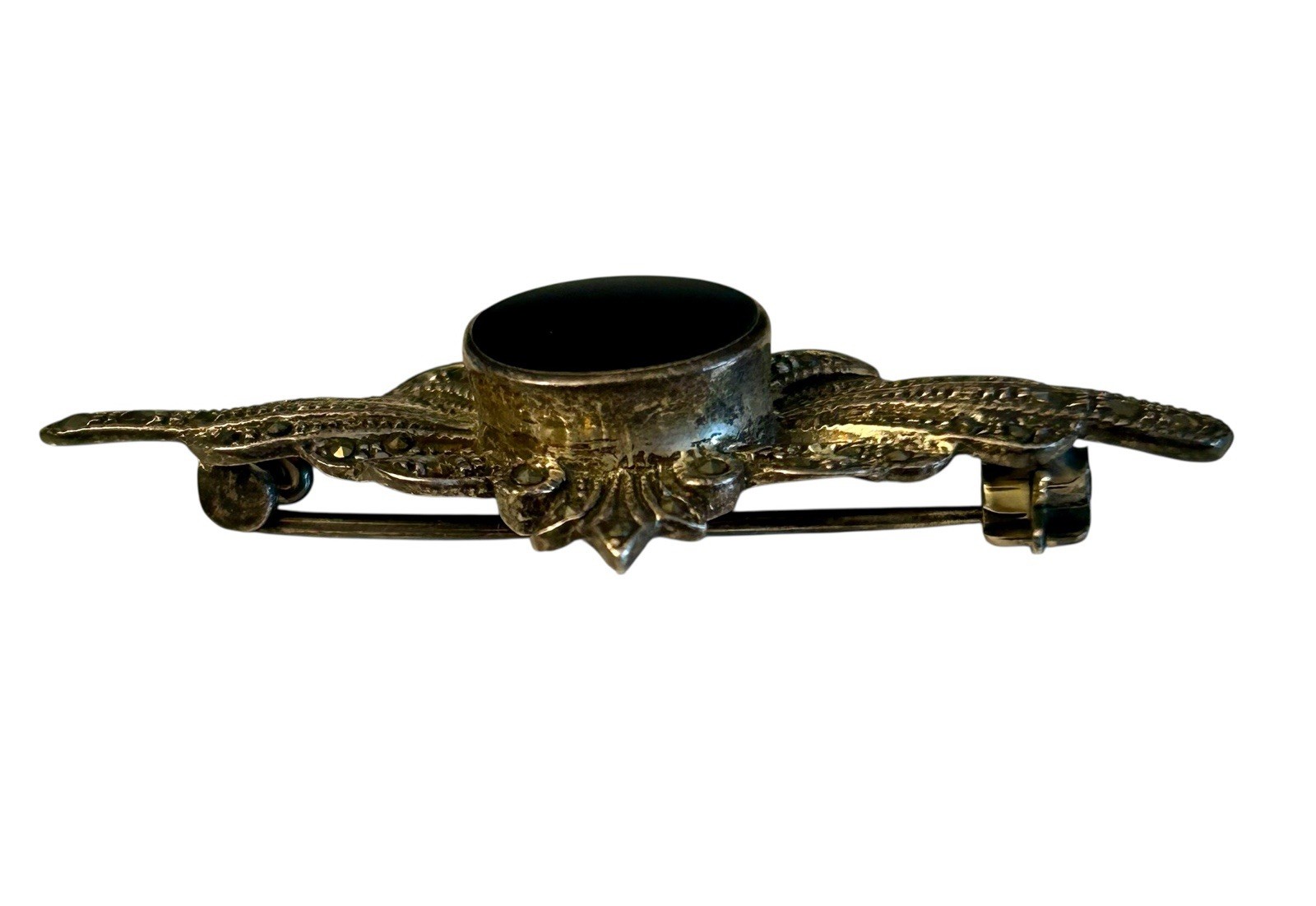 Vintage Sterling Silver Brooch Black Onyx Marcasite 925 Bezel 2″ Art Deco Style