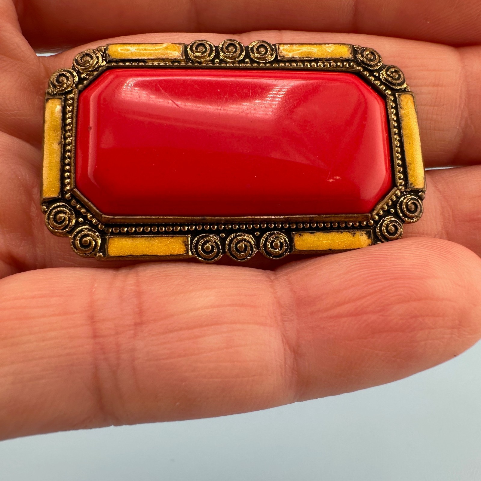 Vintage Art Deco Brooch Rectangular Red Yellow Enamel Ornate Spiral Frame