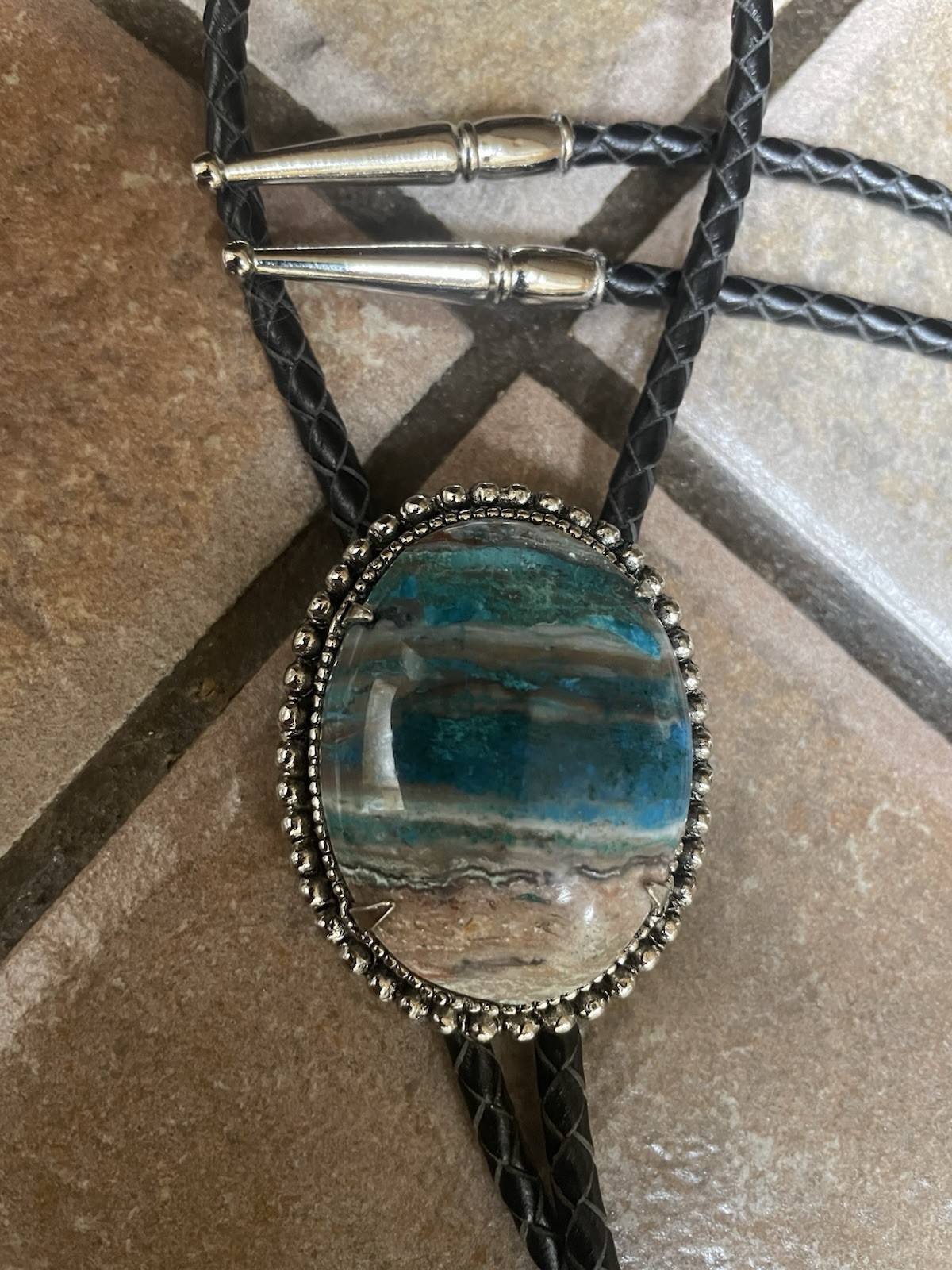 Bolo Tie With Beautiful Large Arizona Blue Chrysocolla Stone