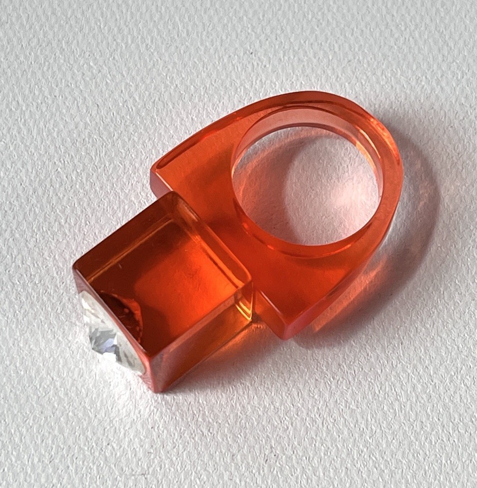 Vintage Lucite Ring Size 7.75 Orange Cubism Rhinestone Modern Chunky Statement