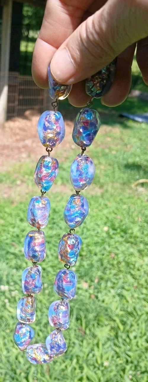 HUGE ANTIQUE JAPAN OPAL CONFETTI GOLD SILVER FOIL ART GLASS NECKLACE SET OOAK