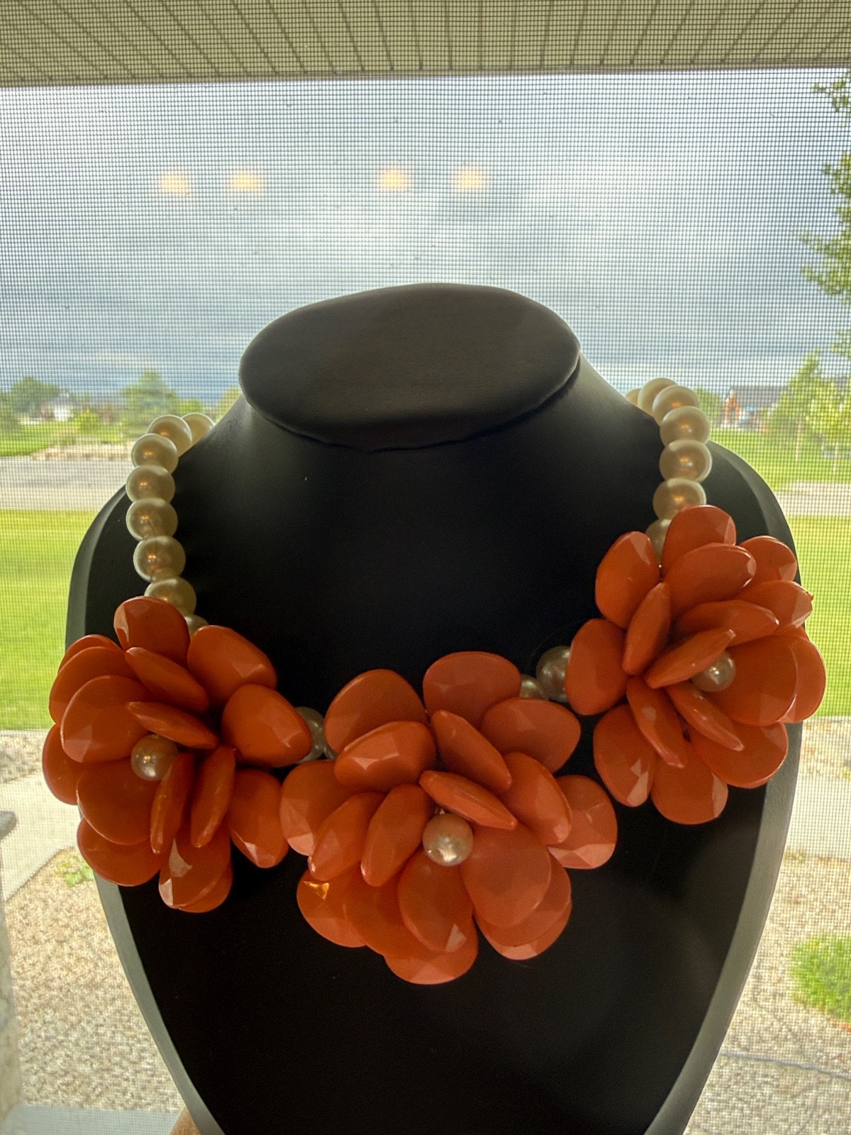Bold Orange Bakelite Floral Statement Necklace with Pearl Accents Vintage