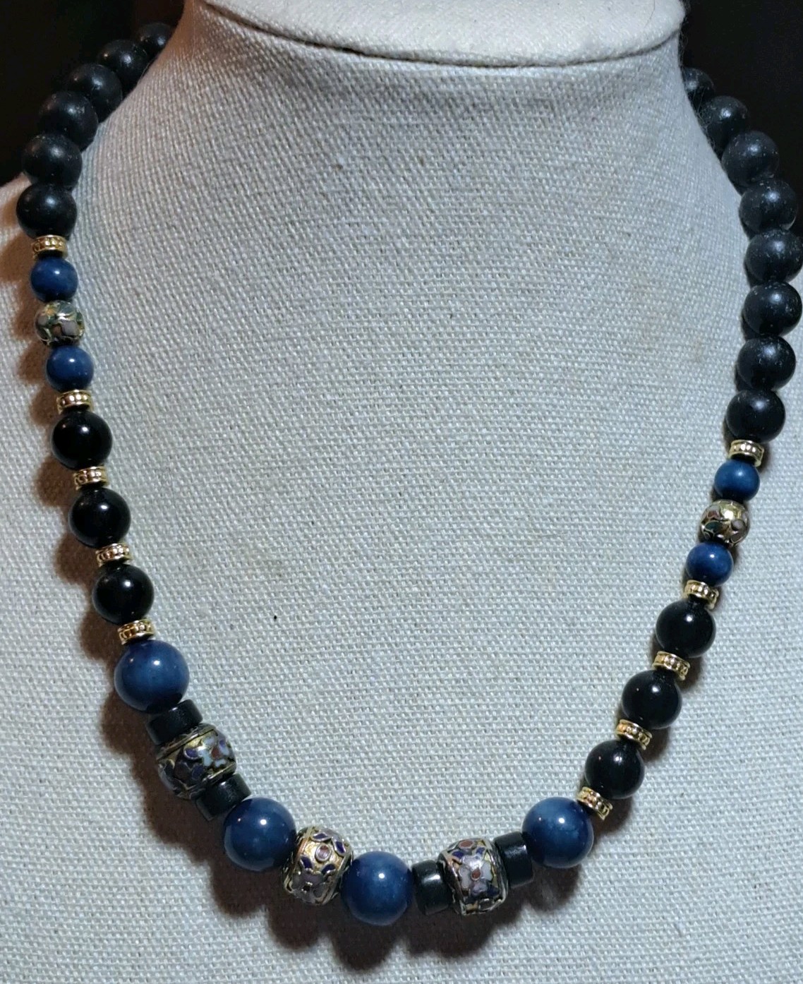Estate Vintage Stunning Cloisonne Blue Sodalite Lava Bead Statement Necklace EUC