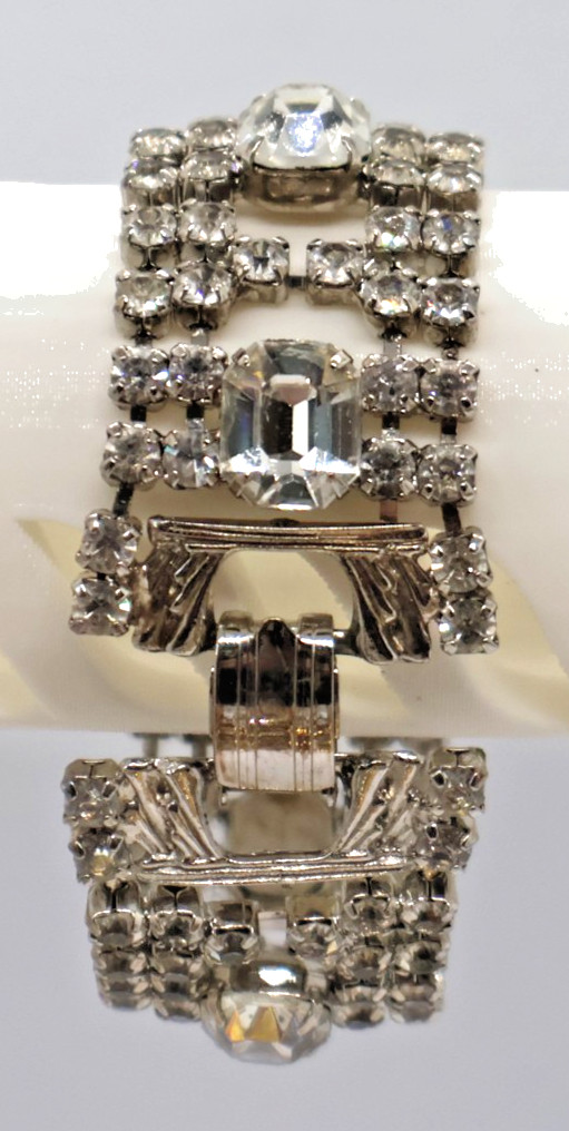 Vintage Rhinestone Bracelet w/ Multiple Rows of Rhinestones & Large Square Ones