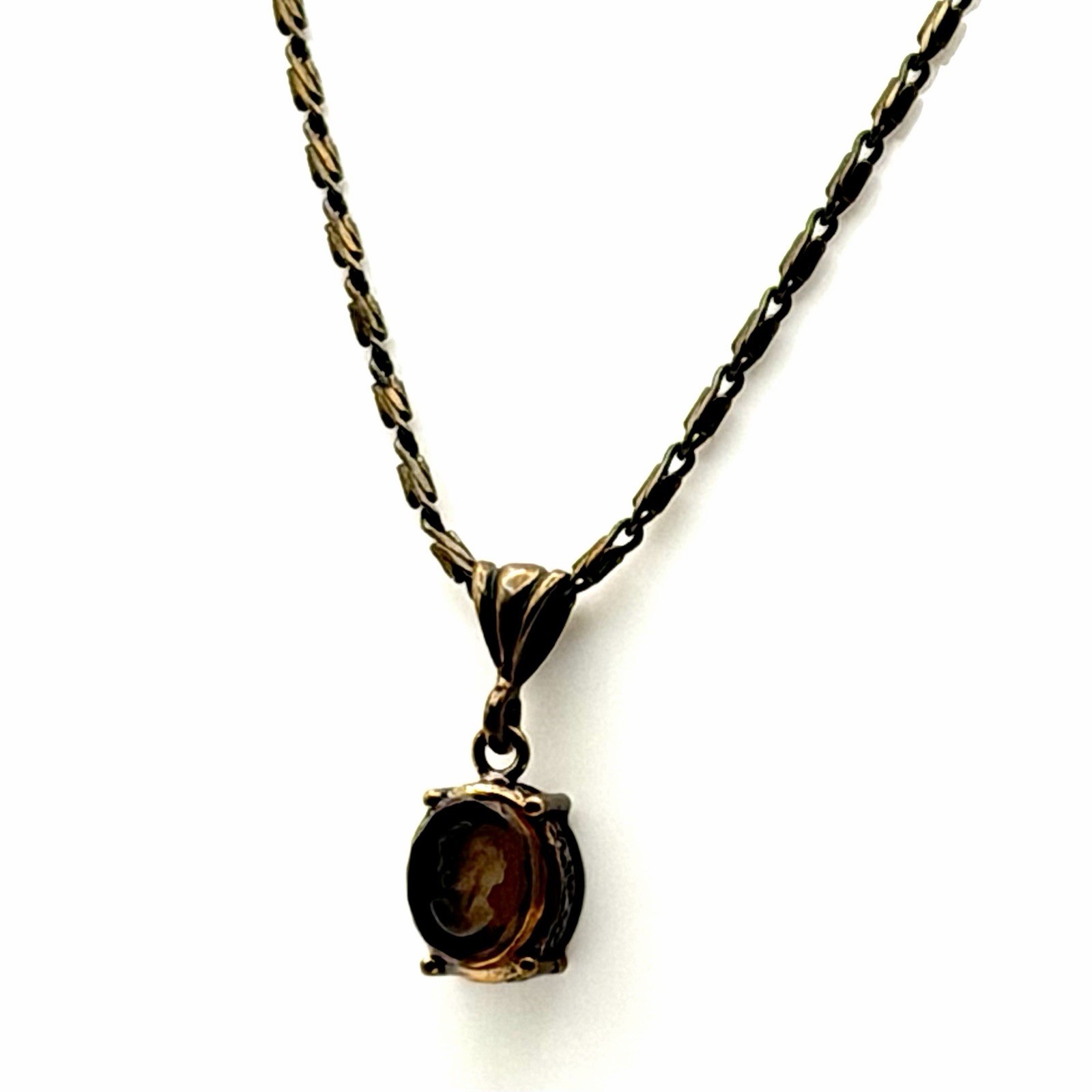 Extasia Signed EXT Vintage Style Bronze Fob Pendant Necklace Smoky Brown Glass