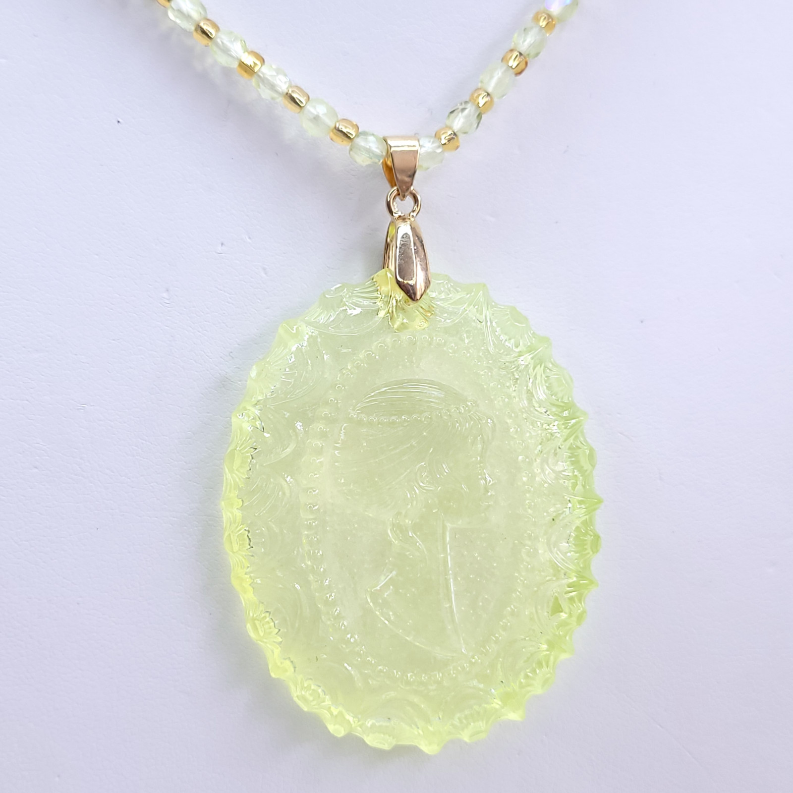 Uranium Glass Necklace 23” Cameo Pendant Vaseline Yellow Czech Beads
