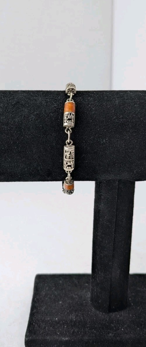 Vintage 925 Sterling Silver Peruvian Llama Orange Inlay Pendant Necklace…