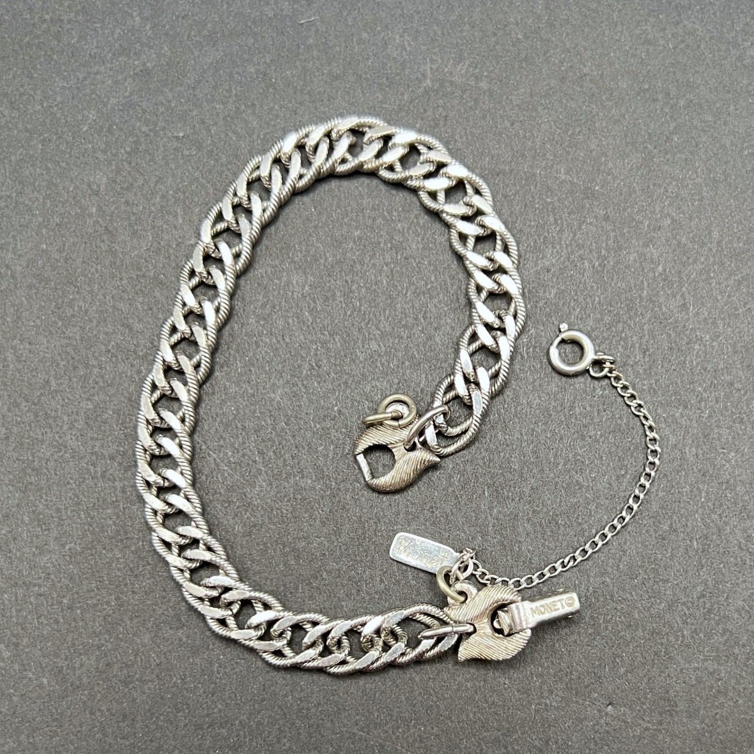 Vintage Monet Charm Bracelet Silver Tone Safety Chain Signed