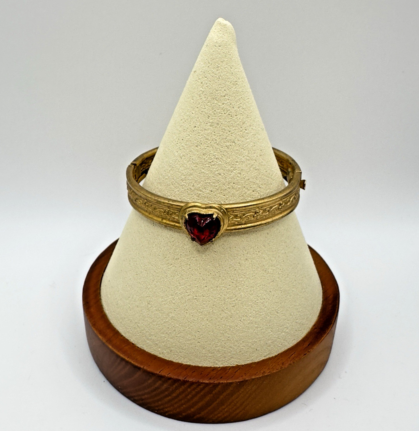 Vintage Victorian Revival Heart Bangle Bracelet Red Glass Gold Tone Hinged TINY*