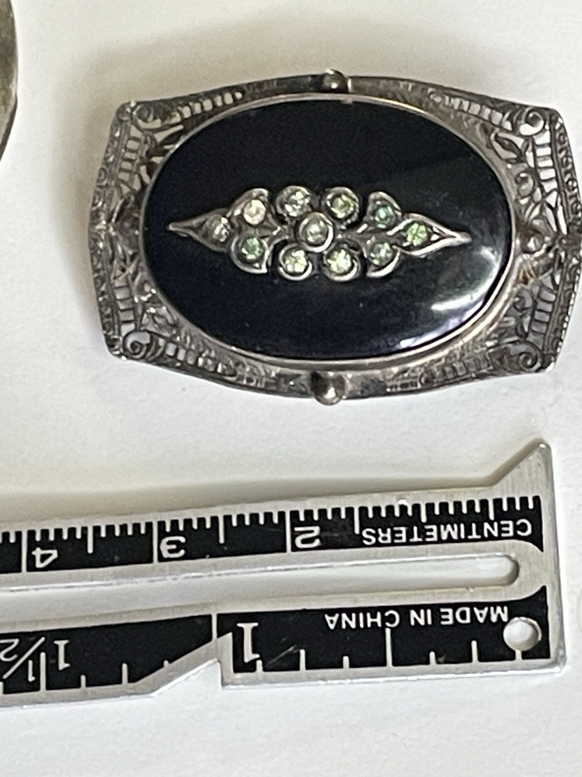 Victorian Revival Art Deco Mourning Brooch Sterling Silver Onyx glass Crystals