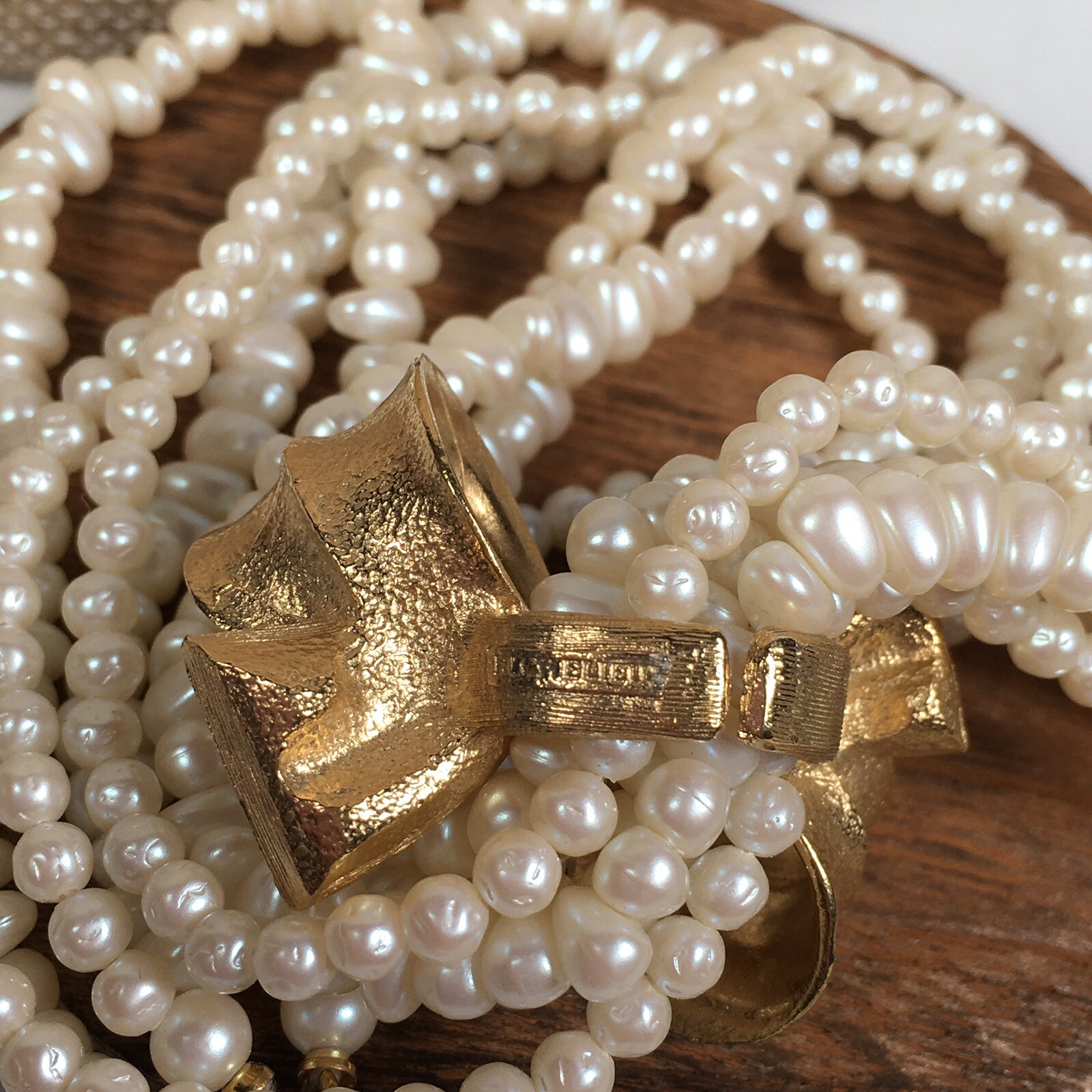 Vintage Richelieu Faux Freshwater Pearl Necklace 6 Strand Rhinestone Bow Slide