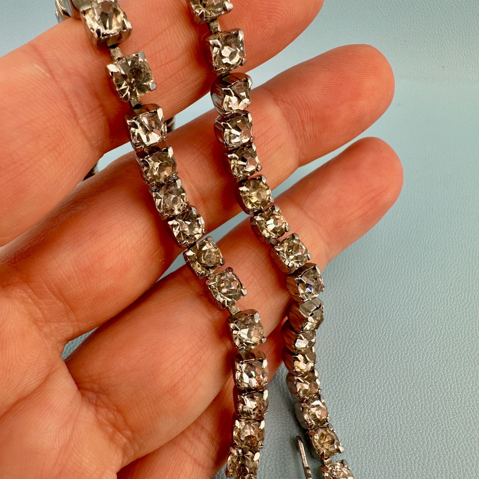 Vintage Rhinestone Choker Necklace Silver Tone Cup Chain Riviere Old Hollywood