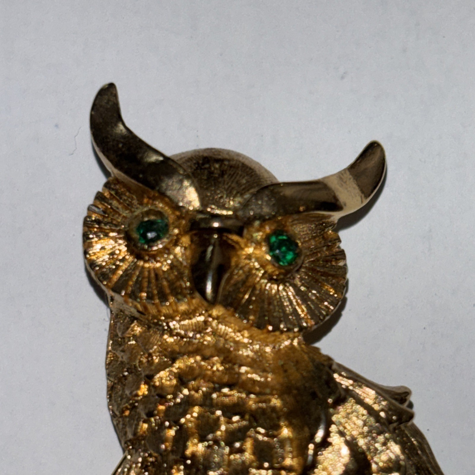 Vintage MONET Owl Brooch Pin with Green Rhinestone Eyes Gold Tone Setting