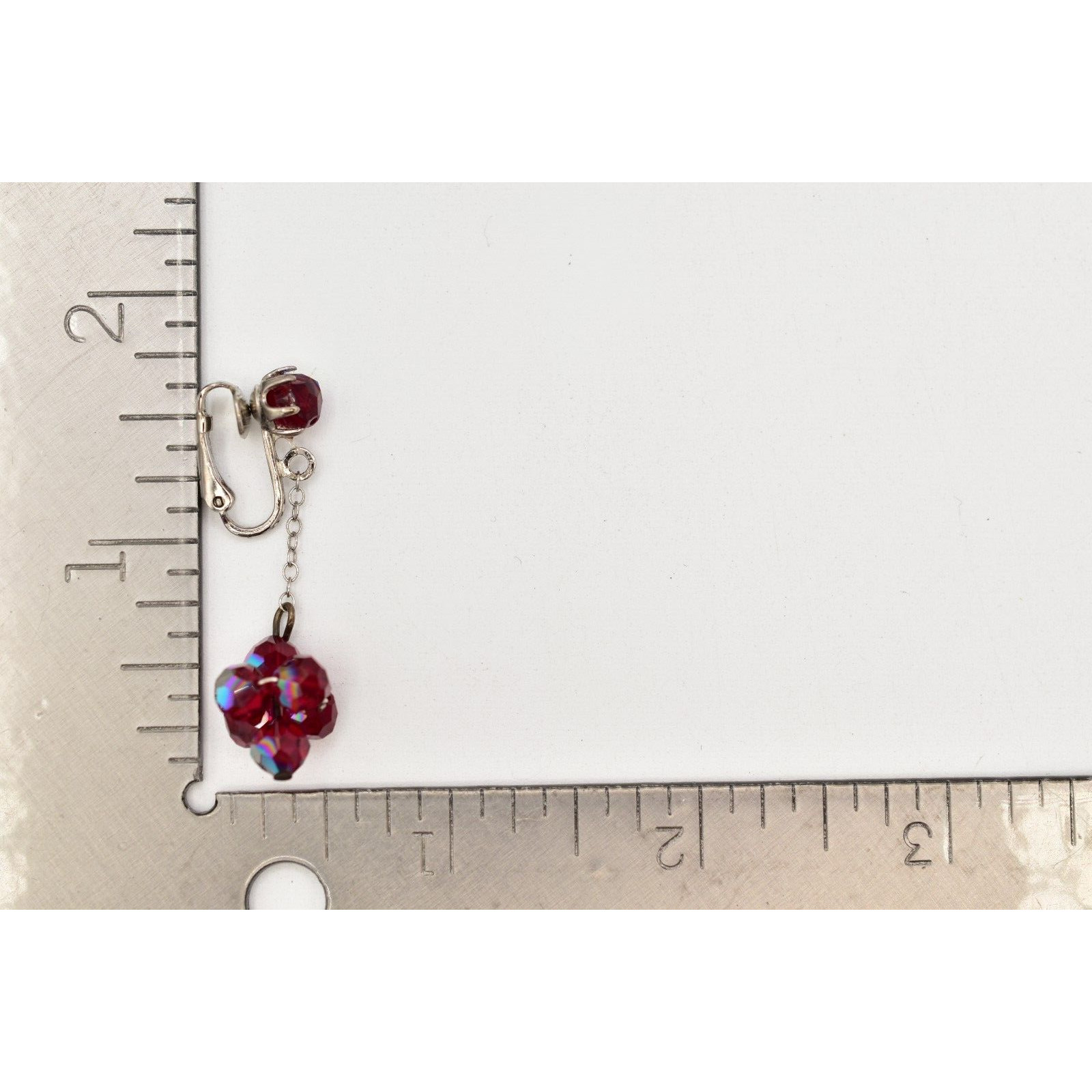 Vintage Red AB Crystal Clip On Earrings Dangle Drop Aurora Borealis 1950s A24