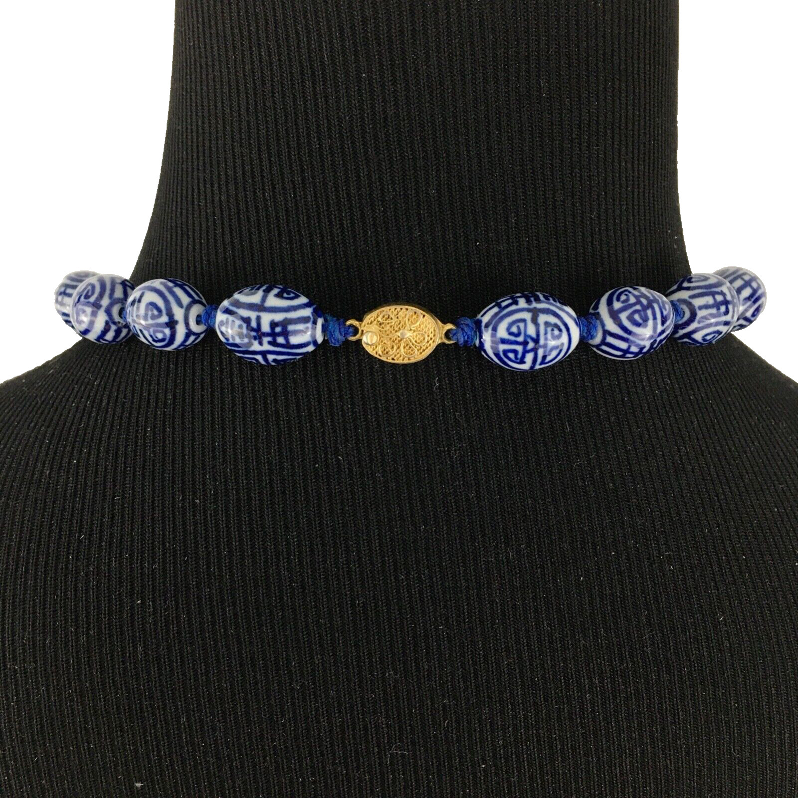 CHINESE porcelain necklace – blue & white barrel beads shou symbol 29″ knotted