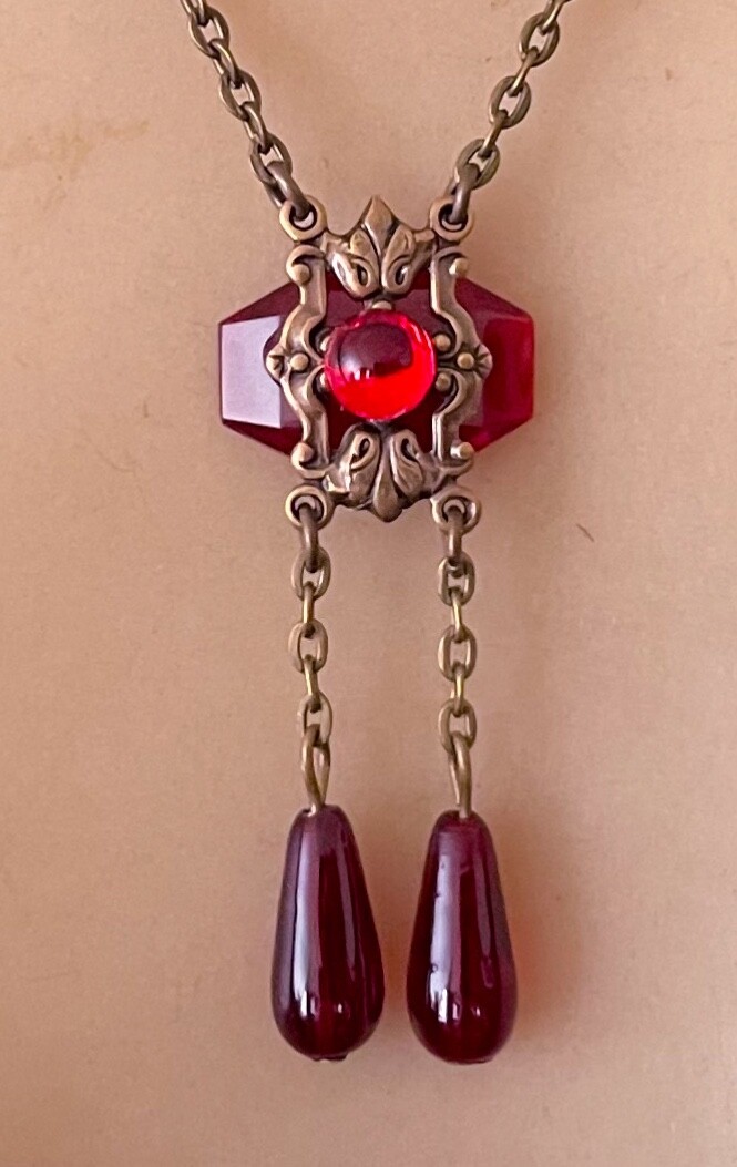 Vintage Necklace Delicate Art Nouveau Brass Pendant Antique Red Czech Glass