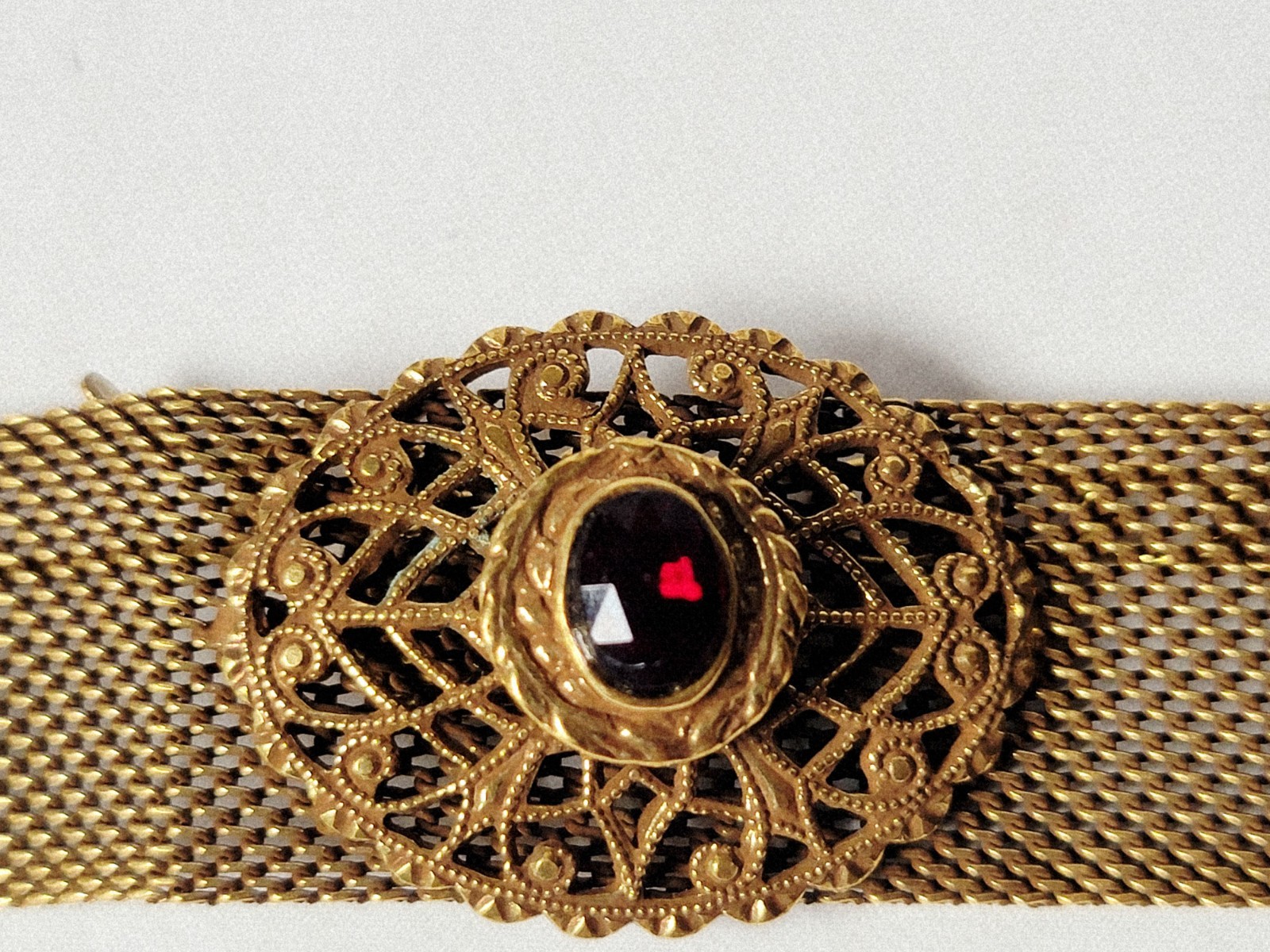 Vintage Mesh Necklace Gold Brass S-Hook Closure Red Stone Center