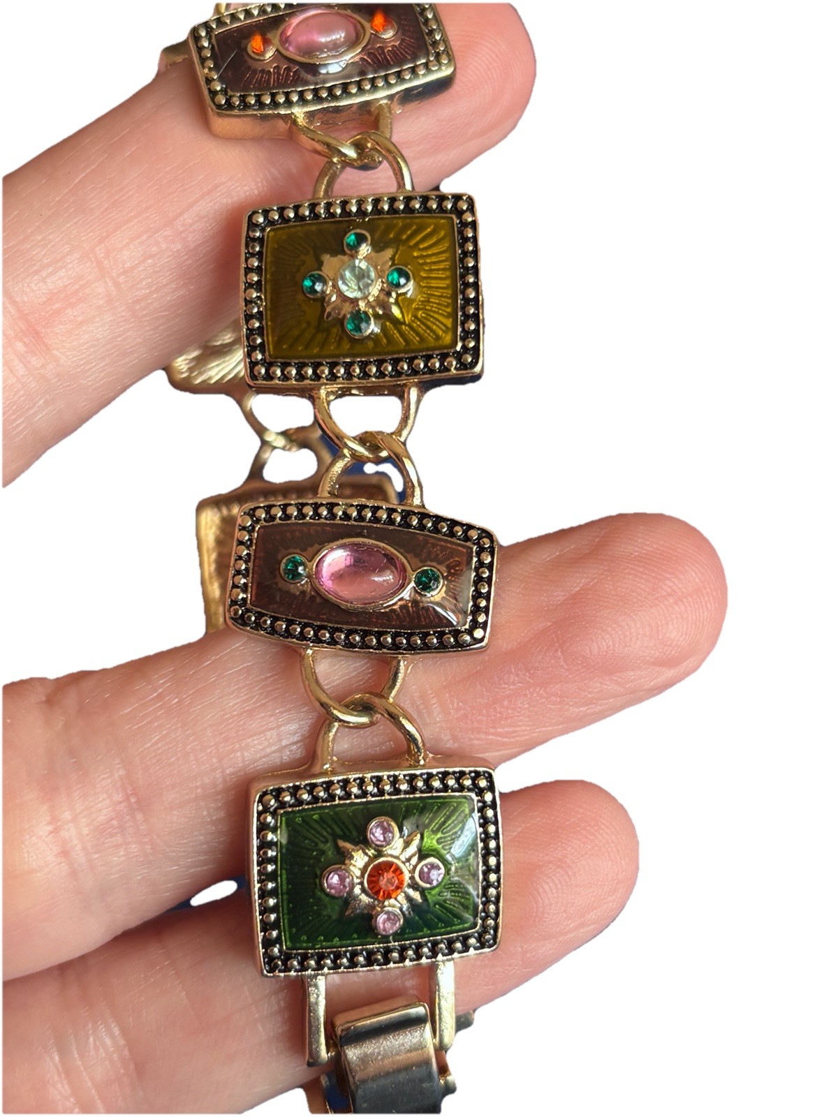 Napier enamel rectangular panel bracelet black base colored cabachons stones