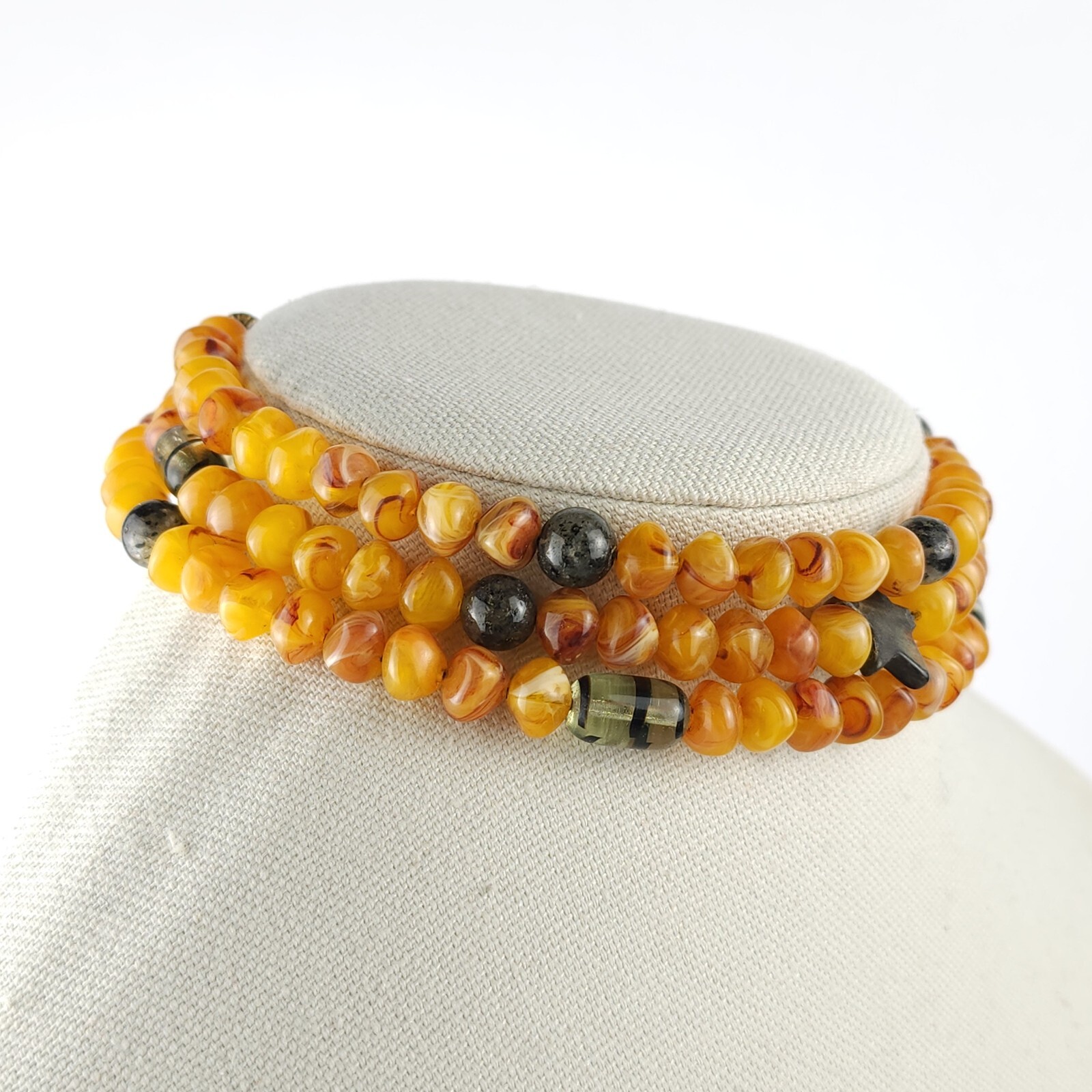 Vintage Amber Tone Memory Wire Choker Necklace Fluorescent Glass & Gemstones 56g
