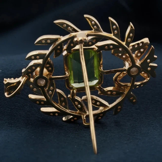 2.45Ct Emerald Cut Lab Created Green Peridot Brooch Pin 14K Yellow Gold Plated