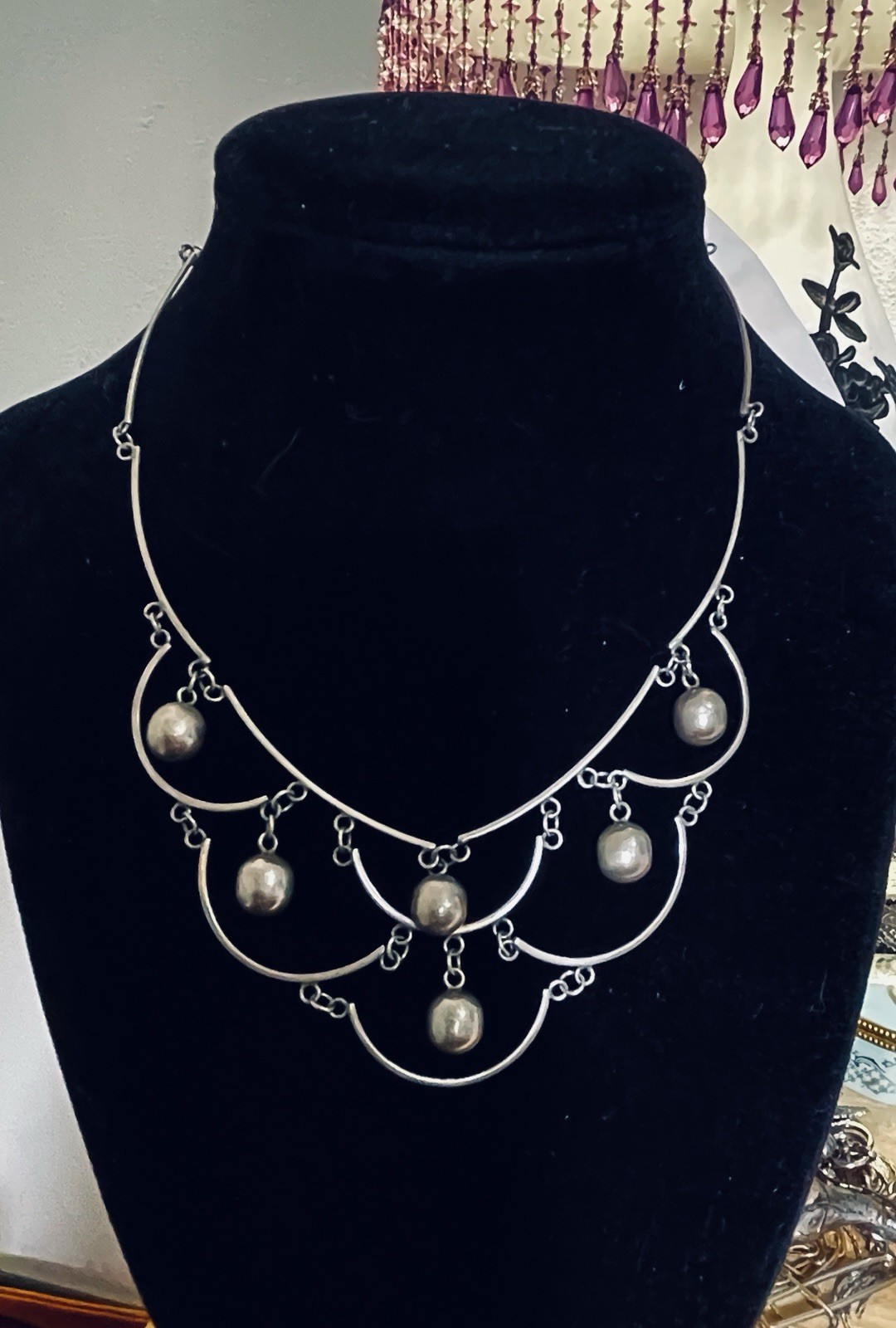 Taxco 925 Sterling Silver Mid Century Tiered & Linked Ball Bead Bib Necklace