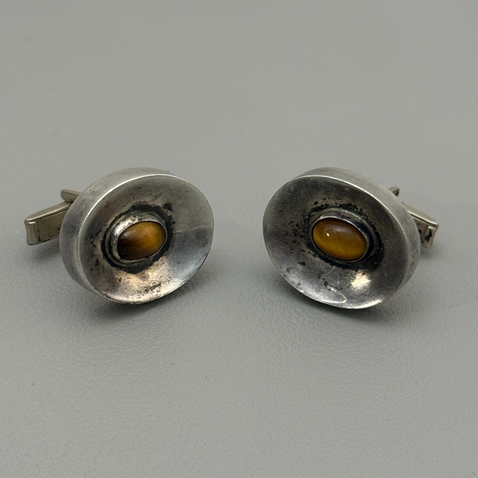 Sterling Silver Tiger Eye Cufflinks Vintage Taxco Mexico BR Men’s 12.4g